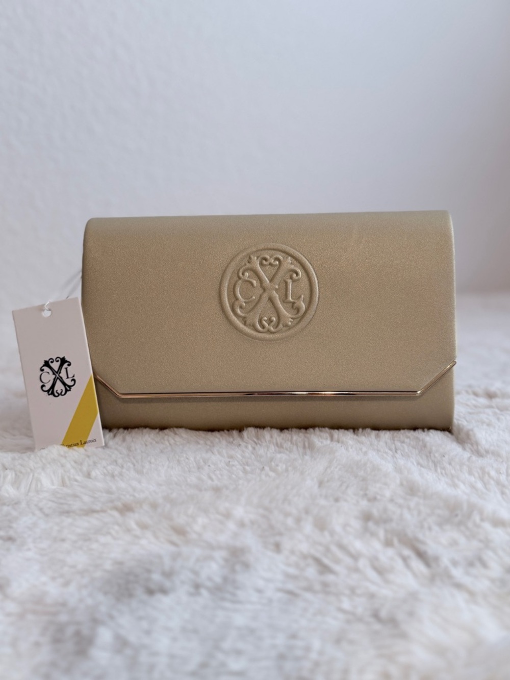 Christian Lacroix Gold Medium Clutch w/Embossed Logo and Detachable Chain NWT